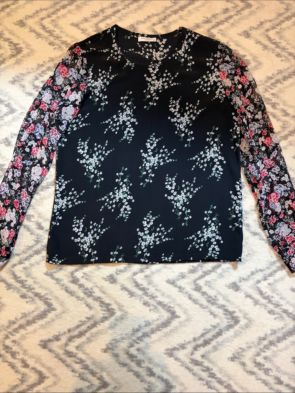 Equipment Silk Black Floral Long Sleeve Top